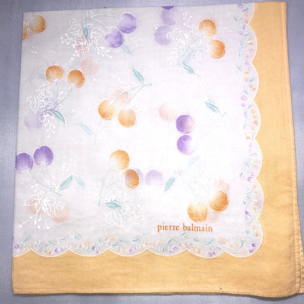 Pierre Balmain Vintage Handkerchief Cherry Floral Print Yellow Scalloped Edge